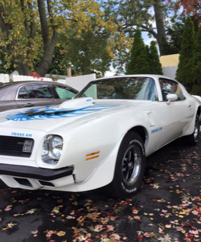 A white car with a blue stripe on the hood is parked in a driveway.