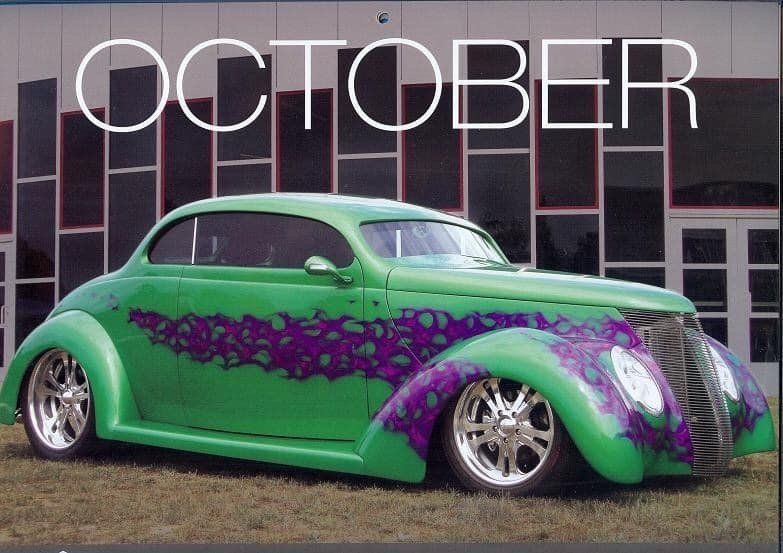 A green and purple car is on the cover of october magazine
