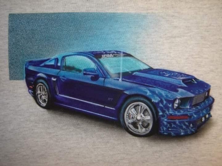 A drawing of a blue mustang on a grey background