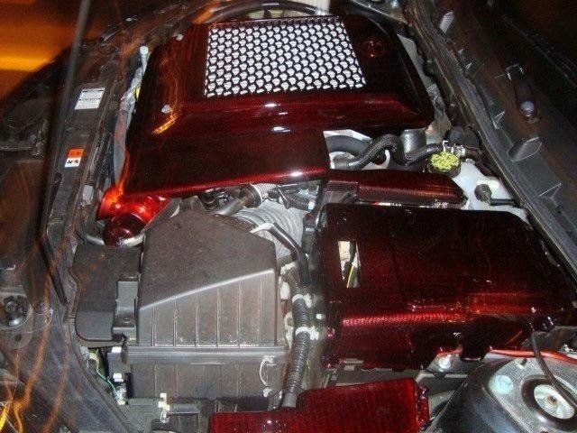 A close up of the engine of a car
