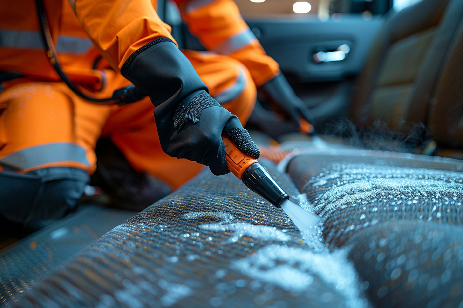 Person in orange suit cleaning car seat with spray nozzle.