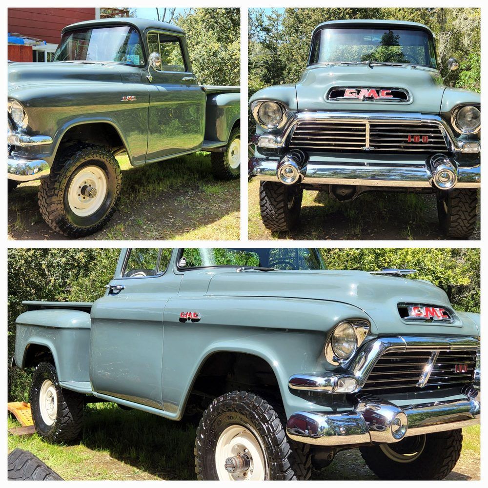 Three views of a vintage, pale-blue GMC pickup truck with white wheels, in an outdoor setting.