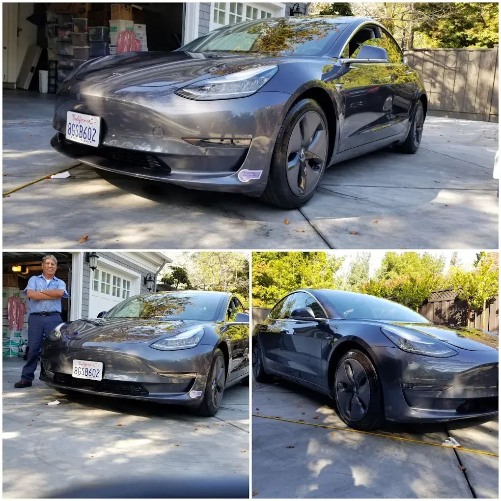 Tesla Model 3, gray color, three angles: front, side, and with a man standing next to it in a garage setting.