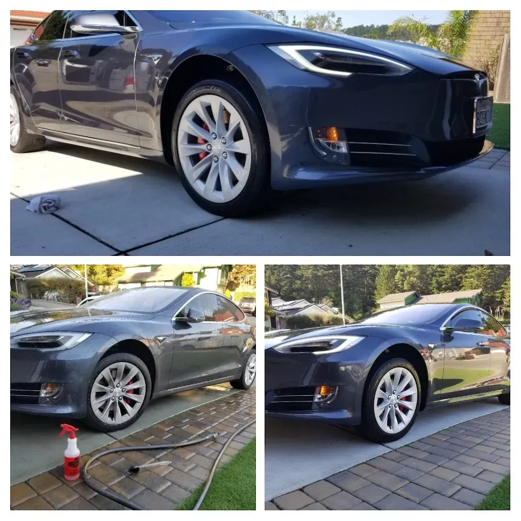 Three views of a blue Tesla sedan parked outside, including one with a hose and spray bottle.