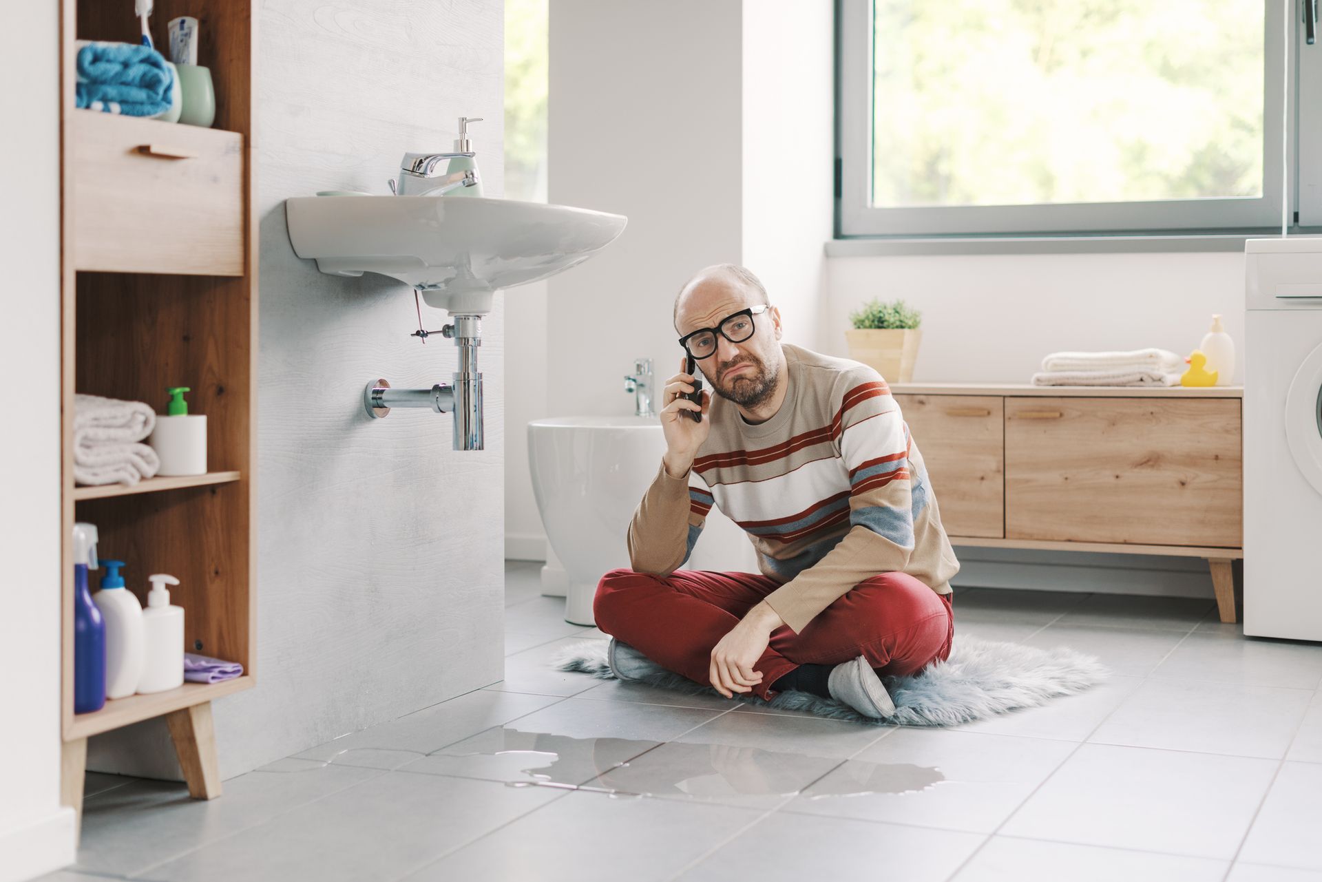 A man next to a water leak and calling a plumber on the phone.