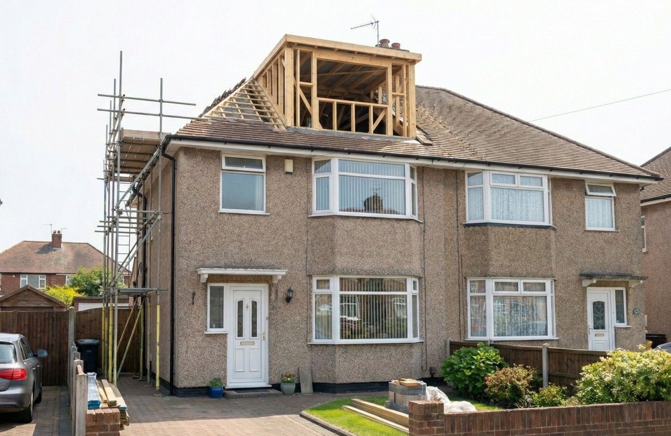 Derbyshire Specialists Group exterior view of a semi-detached house during construction, with scaffolding and the dormer's timber frame structure visible.