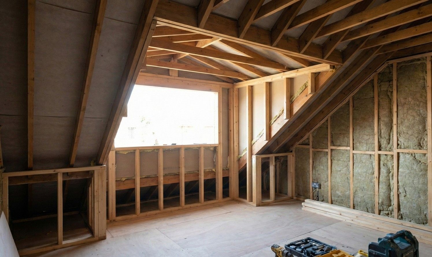 Derbyshire Specialists Group interior view of a dormer loft conversion in its construction phase, showing the raw timber frame, insulation, and the opening for the window.