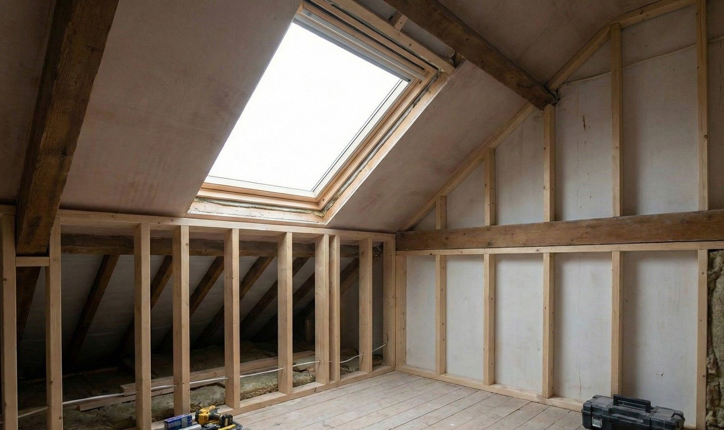 Derbyshire Specialist Group an interior shot showing the loft conversion in its construction phase. The Velux window is installed, but the room has exposed framing and insulation before boarding.