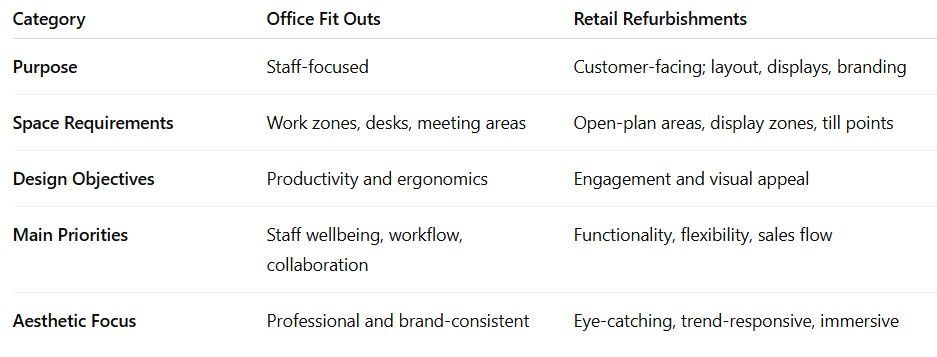 Office Fit Outs vs. Retail Refurbishments comparison table