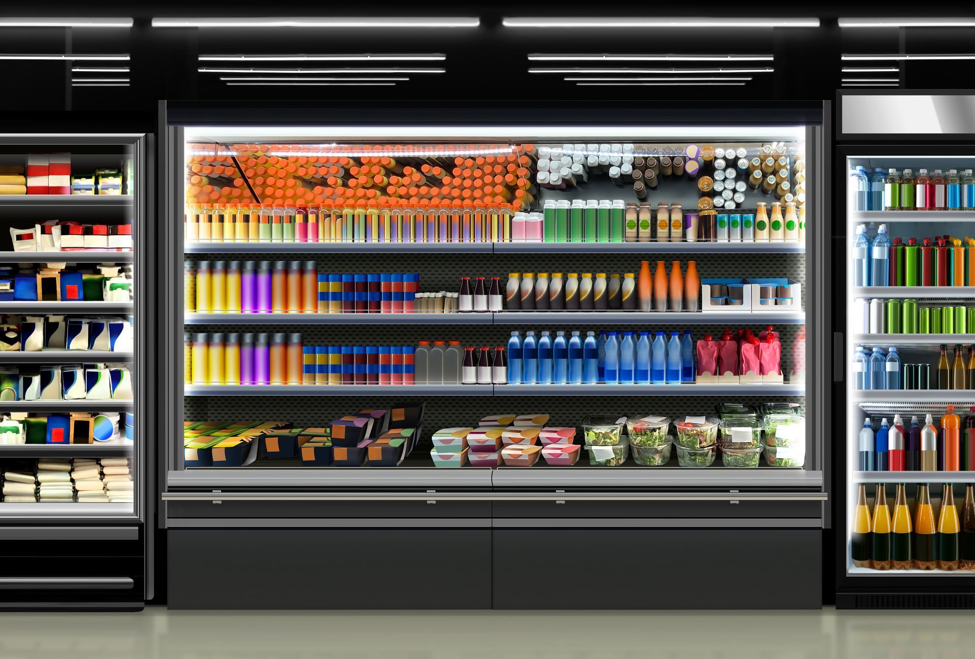 An open refrigerator in a supermarket showcasing a variety of brandless packaged items and bottles.