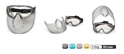 Protectores faciales plateados con gafas protectoras. Tres vistas, ensamblados y desensamblados.