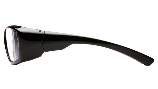 Gafas con montura negra, vista lateral, lente ancha, patilla gruesa.