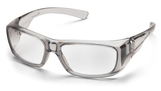 Gafas de seguridad transparentes con marco gris.