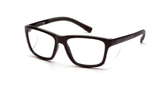 Gafas rectangulares negras con lentes transparentes.
