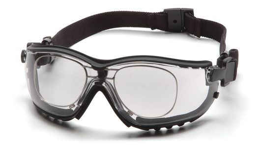 Gafas de seguridad negras con lentes transparentes y correa ajustable.