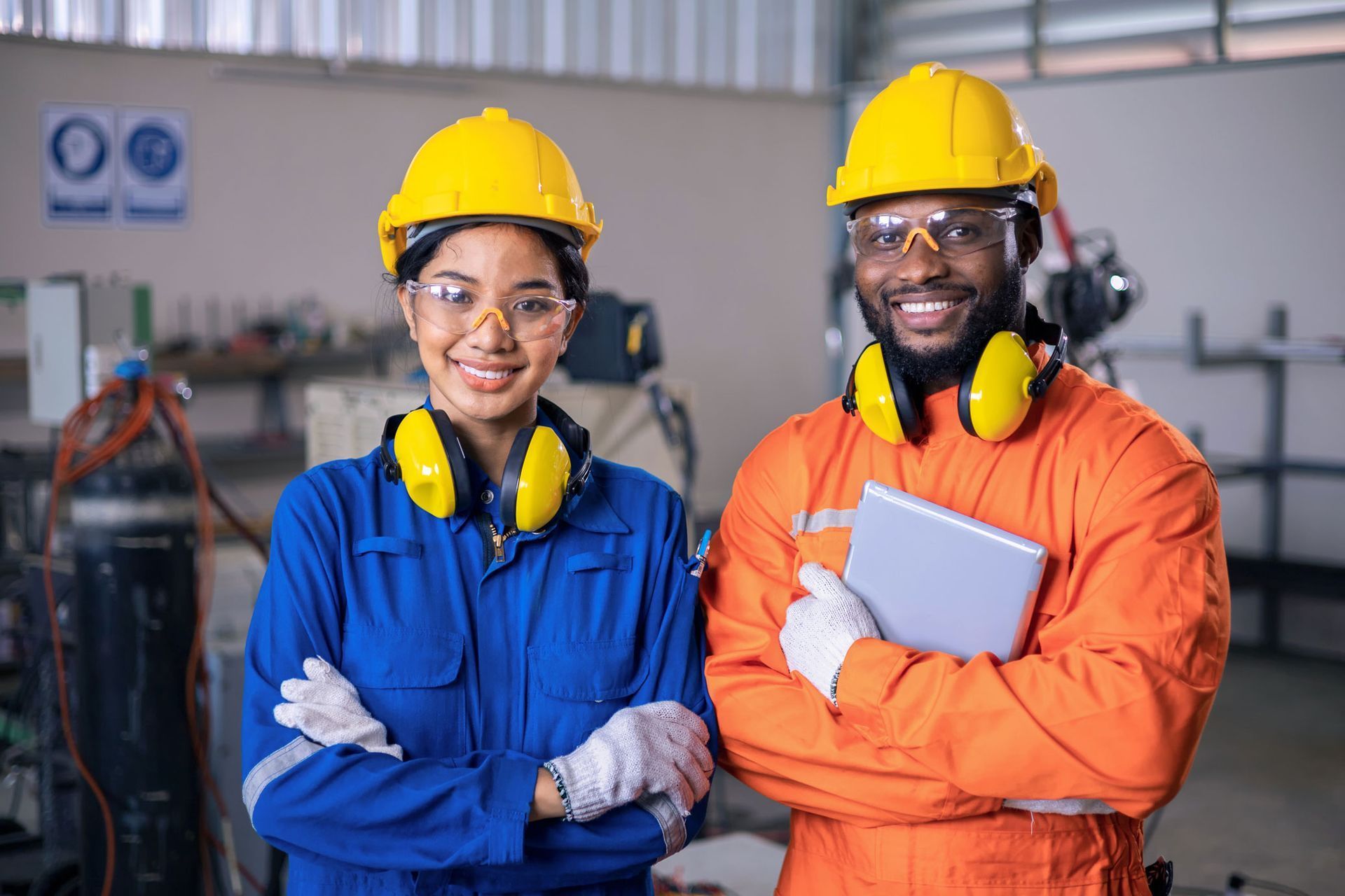 Dos personas vestidas con ropa de trabajo y equipo de seguridad sonríen en un taller.