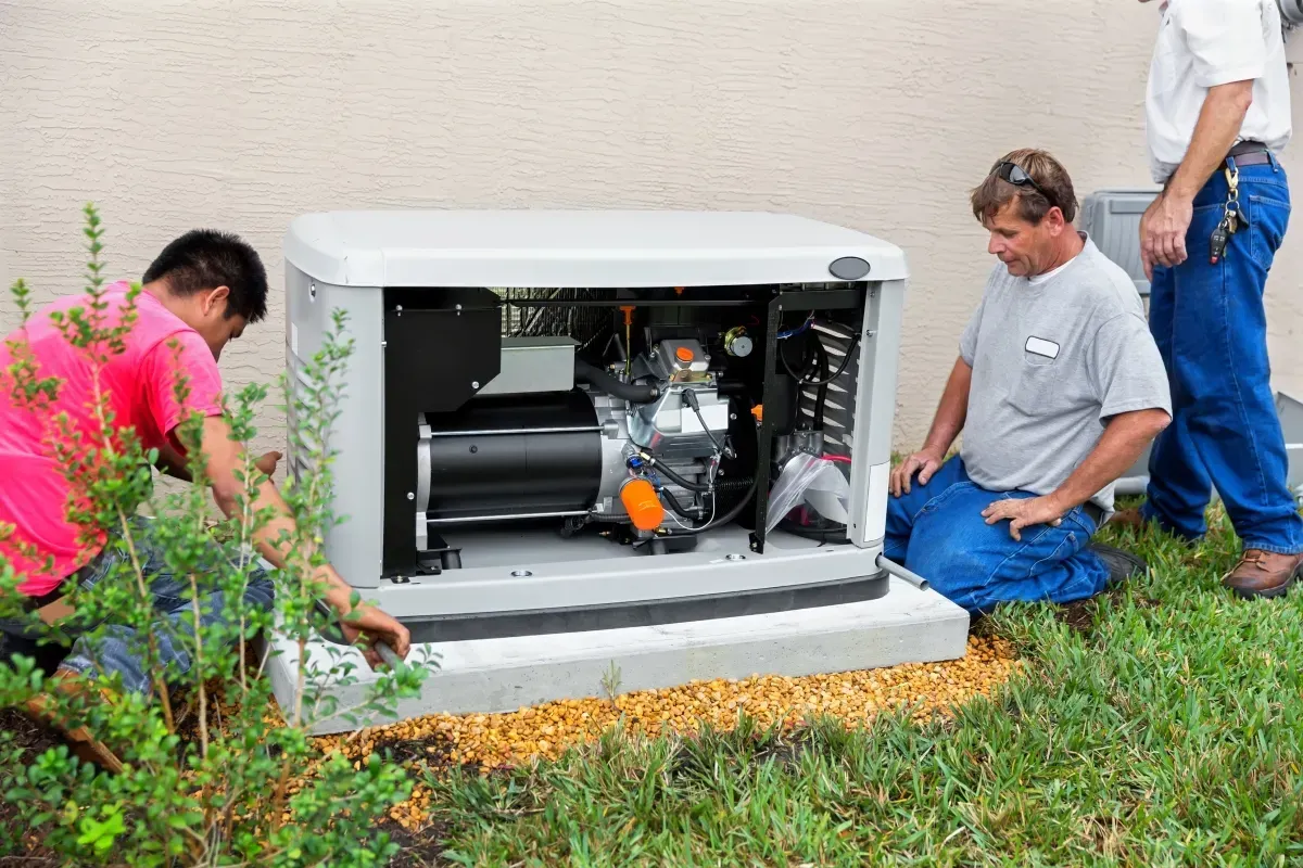 Men installing a backup generator next to a beige building, on a concrete pad, surrounded by grass.