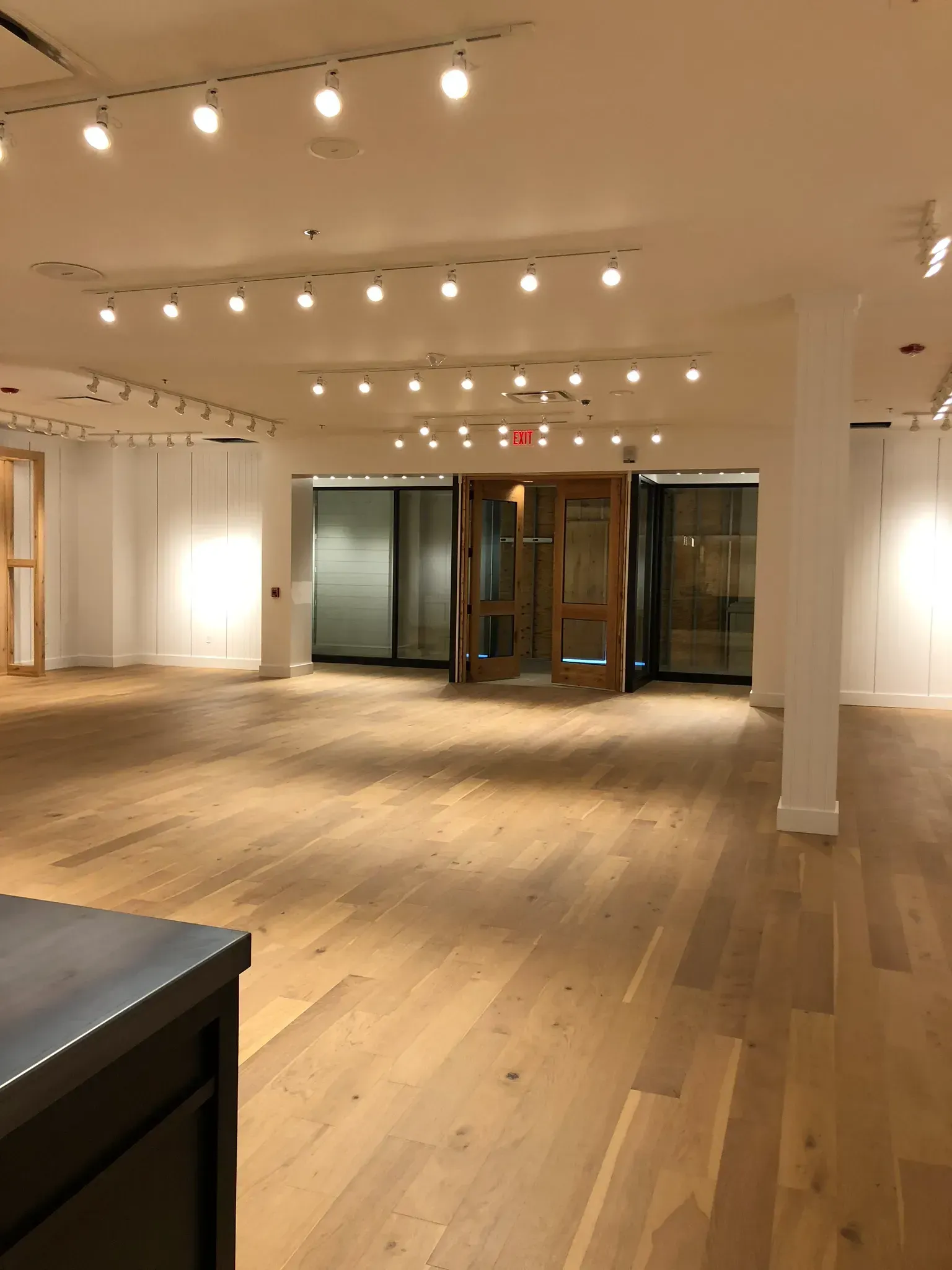 Empty, bright retail space with wood floors, white walls, track lighting, and a front door.