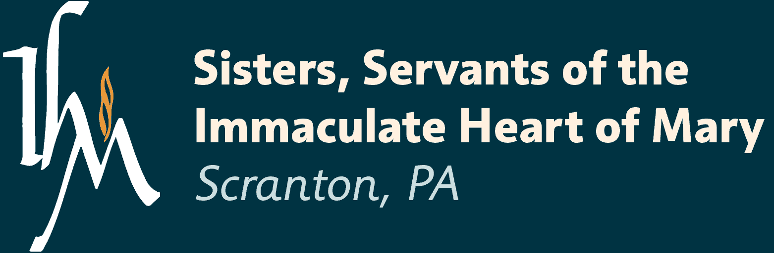 Logo of the Sisters, Servants of the Immaculate Heart of Mary in Scranton, PA; teal background, white text and logo.