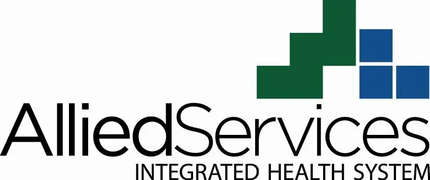 Allied Services logo with text and green and blue square graphic. 