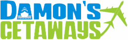 Damon's Getaways logo with cruise ship, airplane and upward arrow.