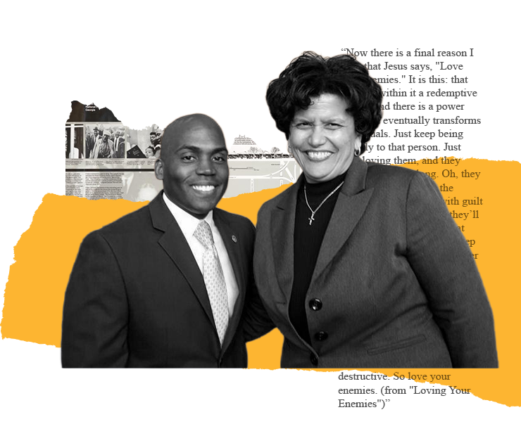 Two people smiling, posing together. Man in suit, woman in blazer, partially obscured by paper with text and yellow shapes.