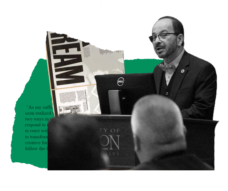 A man with glasses gives a speech behind a lectern. A news clipping and a green shape are visible.