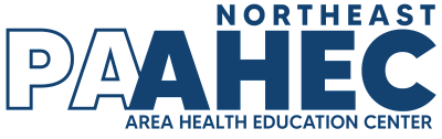 Logo for Northeast Area Health Education Center: PAAHEC in white outline, Northeast and Area Health Education Center in blue.