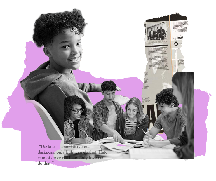 A smiling child with a group of teens studying; newspaper clipping