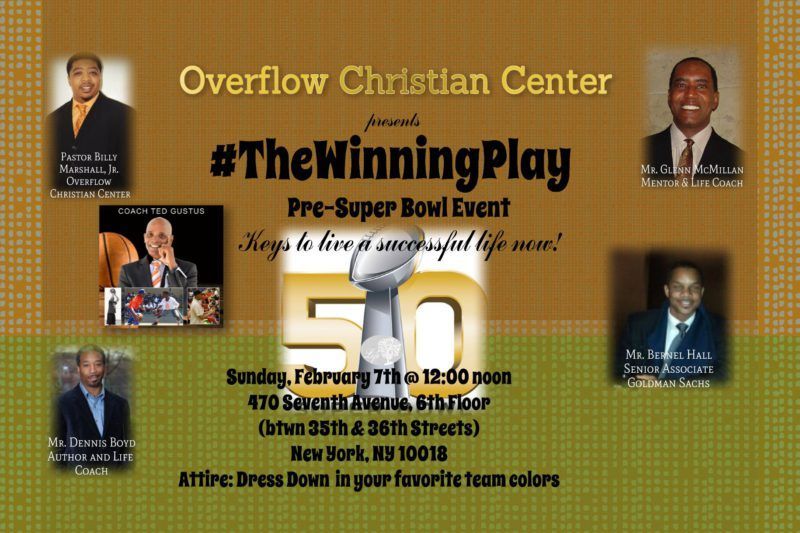 Layout design of Men's Ministry Pre-Super Bowl Event at Overflow Christian Center
