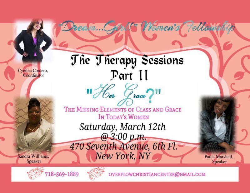 Layout design of The Therapy Sessions Part 2 event at Overflow Christian Center