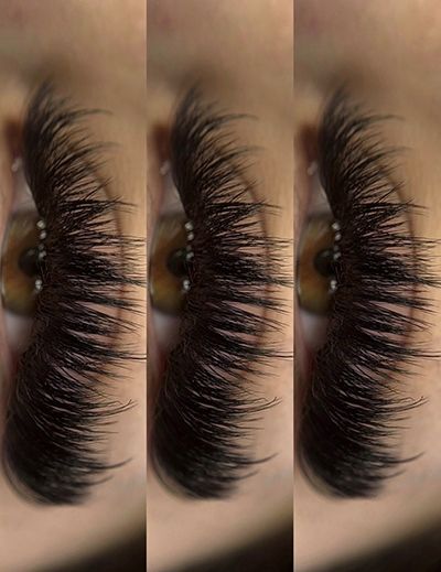 Three close ups of a woman 's eye with long eyelashes.