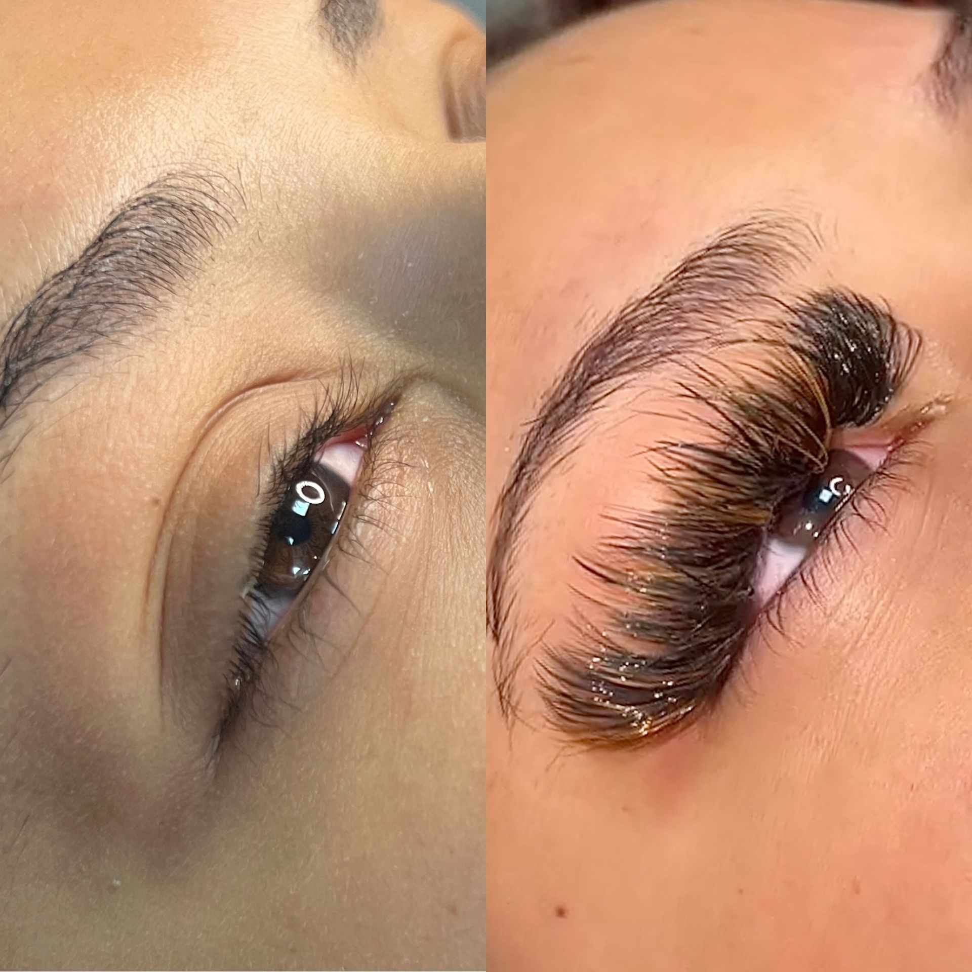 A before and after photo of a woman 's eyelashes.