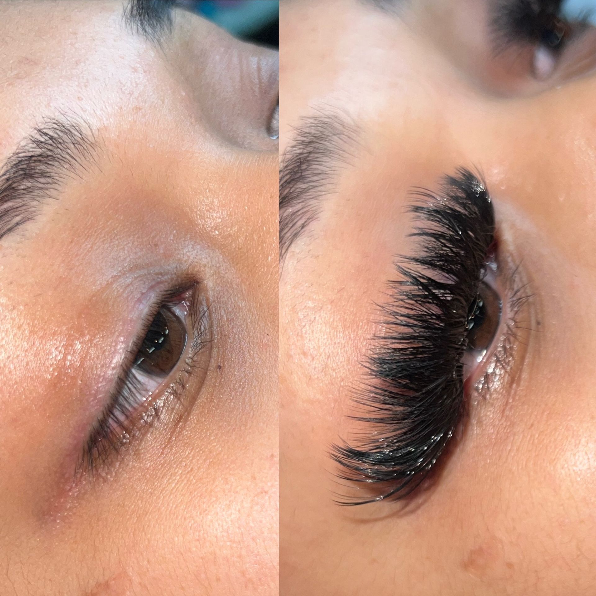 A before and after photo of a woman 's eyelashes