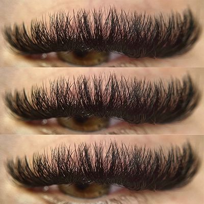 Three close ups of a woman 's eyes with long eyelashes.