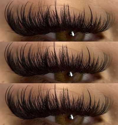 Three close ups of a woman 's eye with long eyelashes