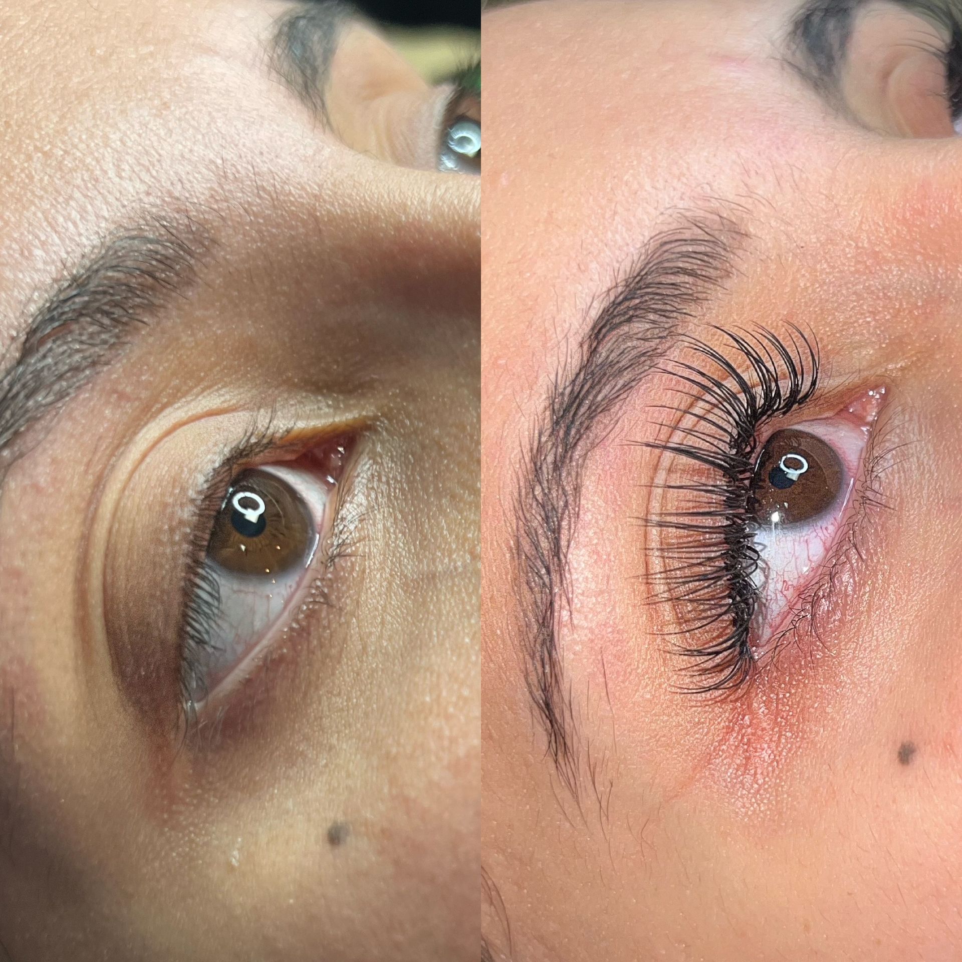 A before and after photo of a woman 's eyelashes