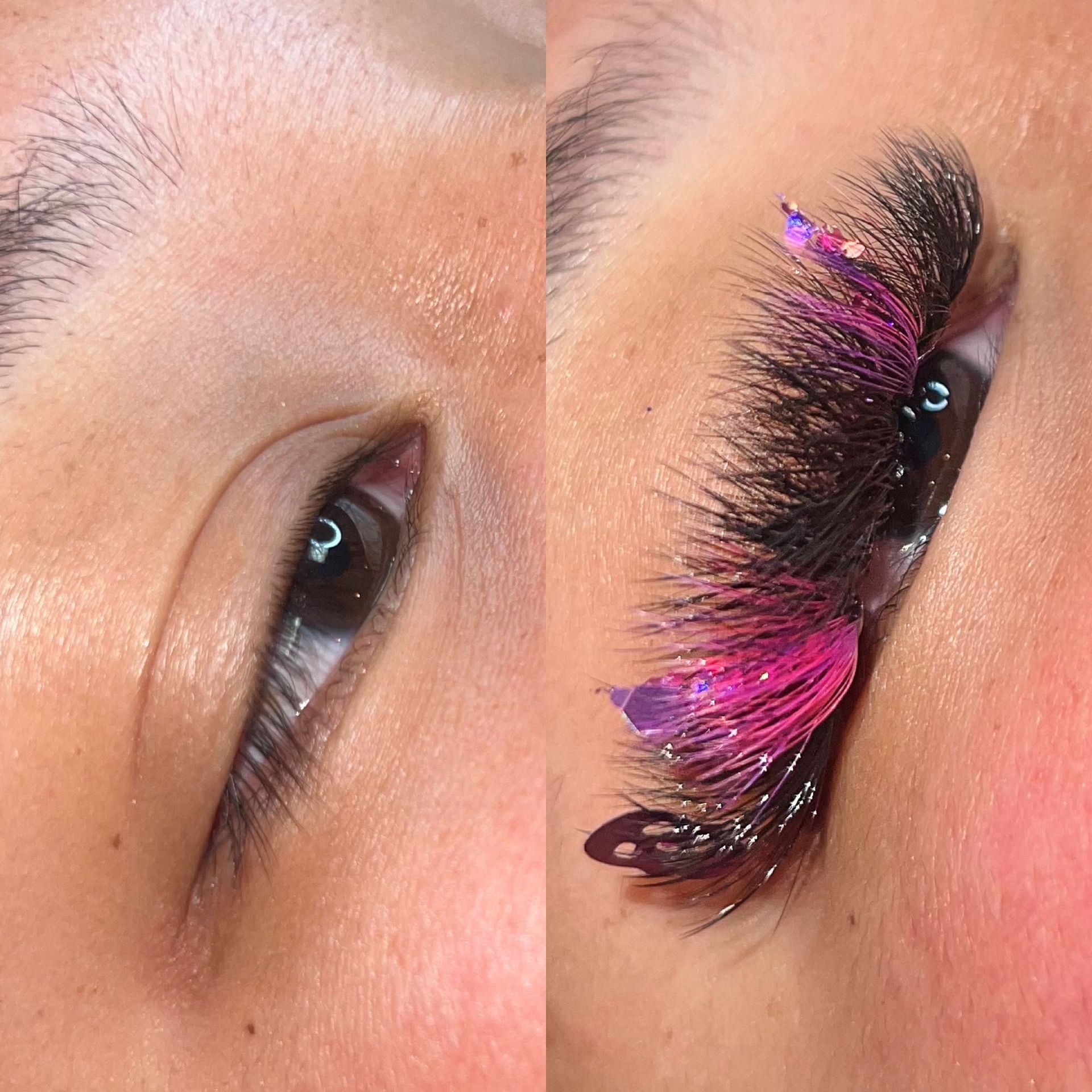 A close up of a woman 's eye with pink lashes