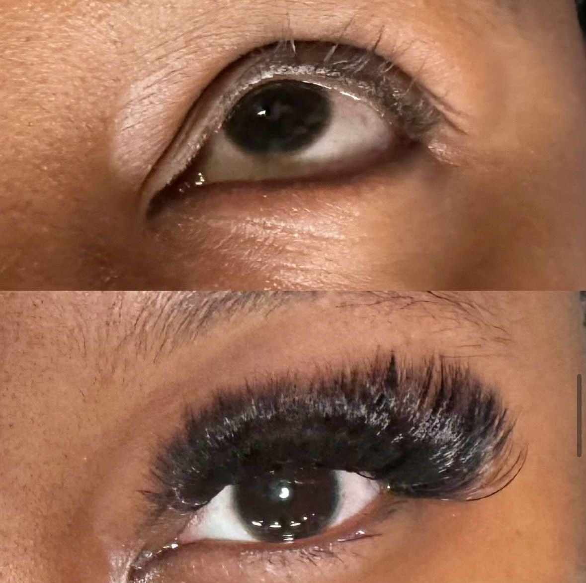 A close up of a woman 's eye with and without lashes