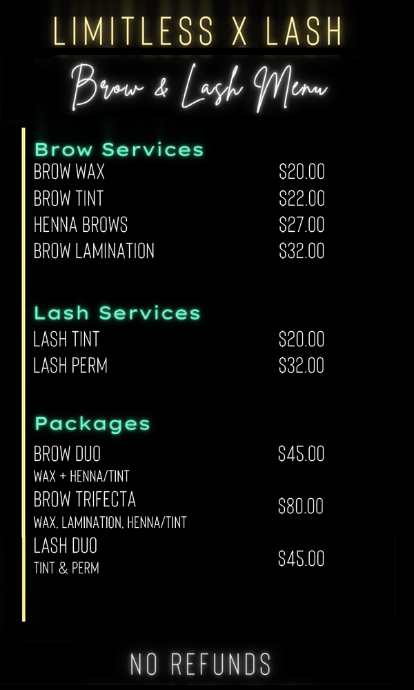 A menu for limitless x lash shows prices for brow and lash services