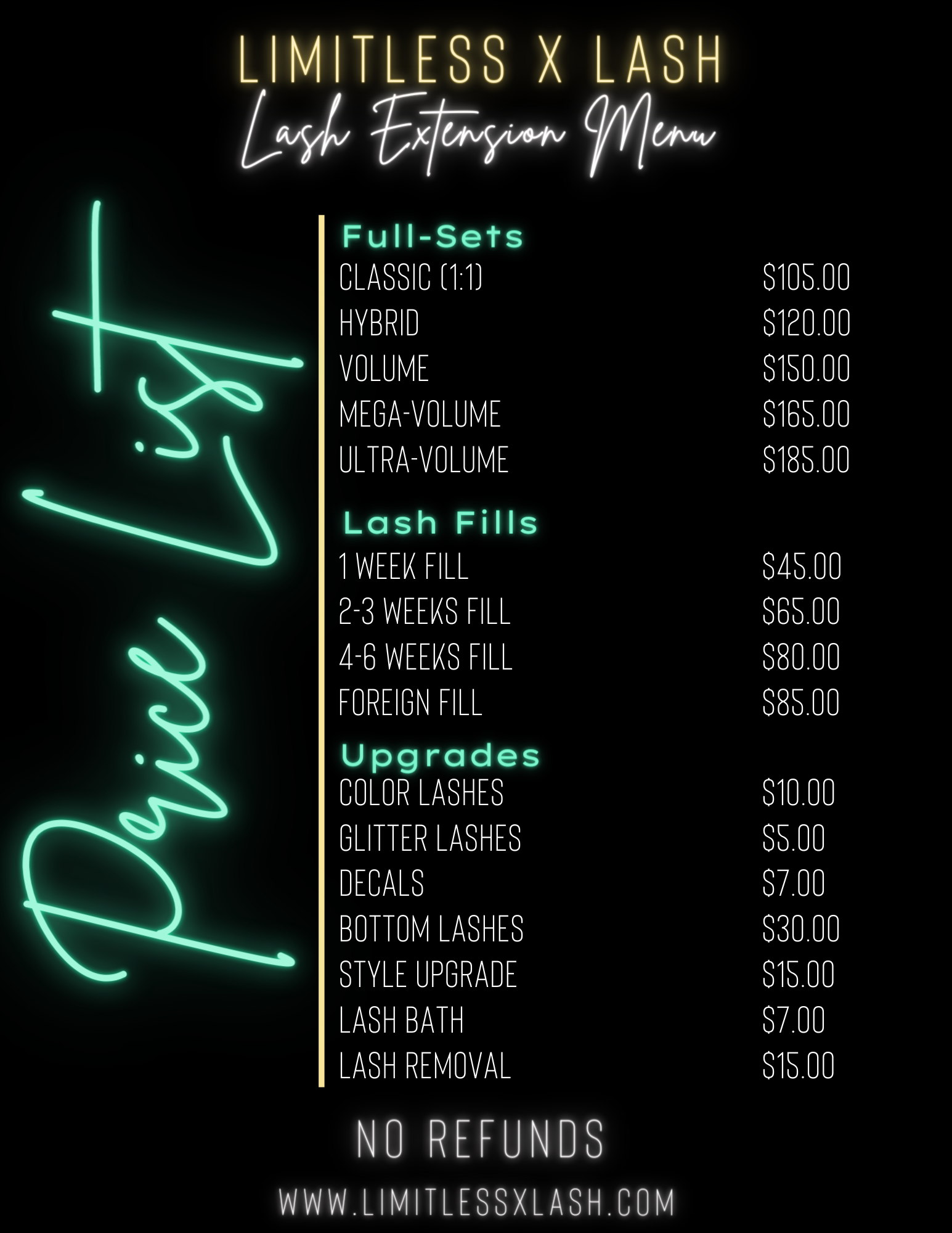 A price list for limitless x lash lash extension menu