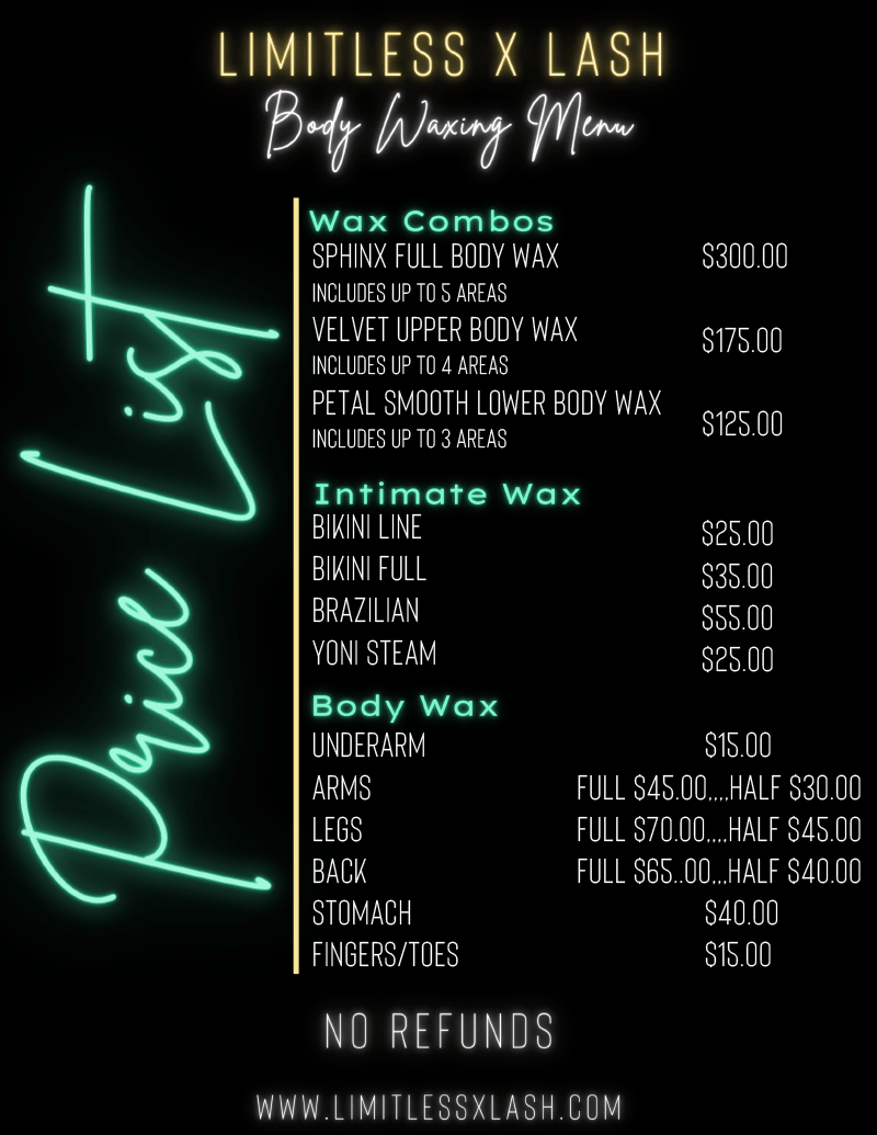 A price list for limitless x lash body waxing