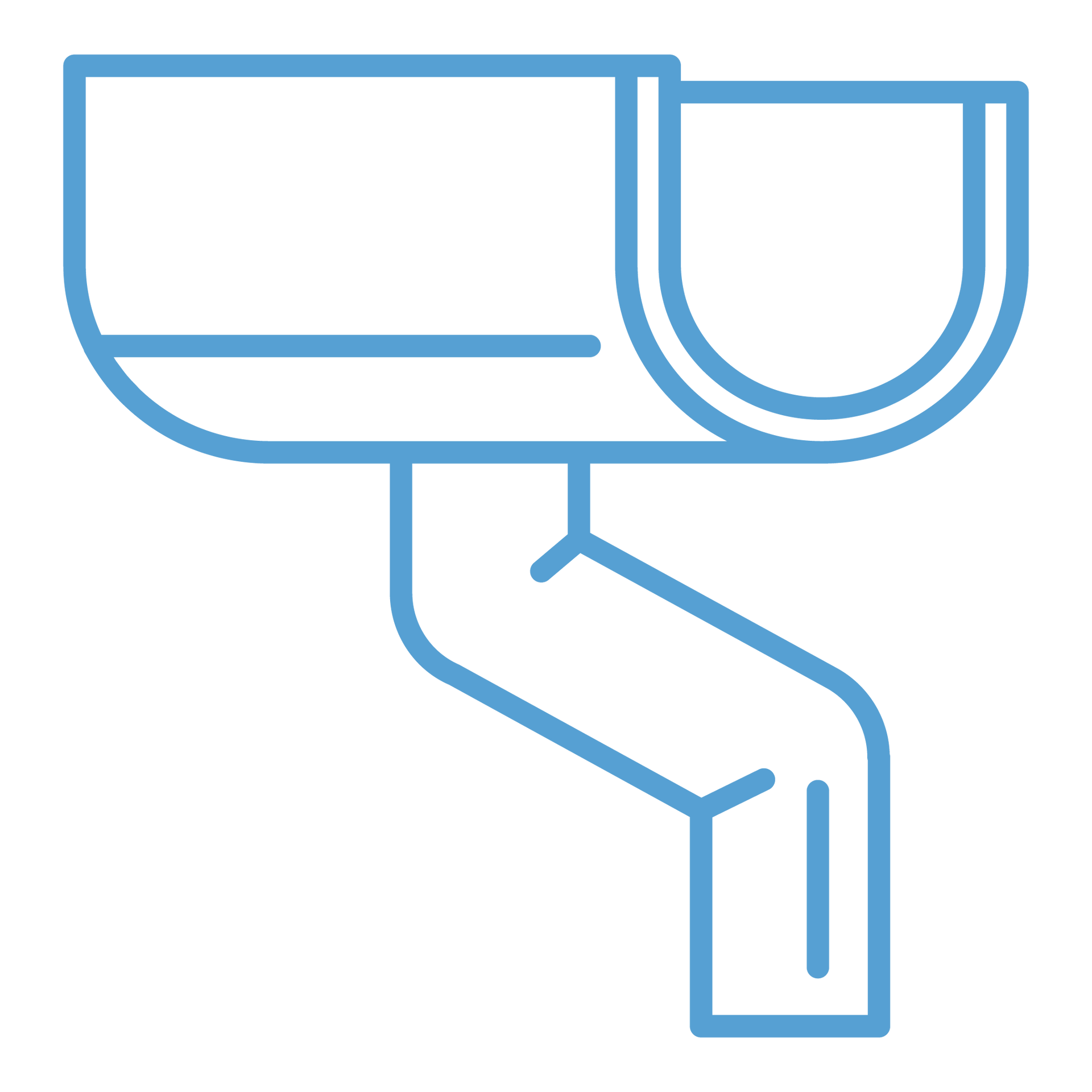 A blue line icon of a gutter on a white background.