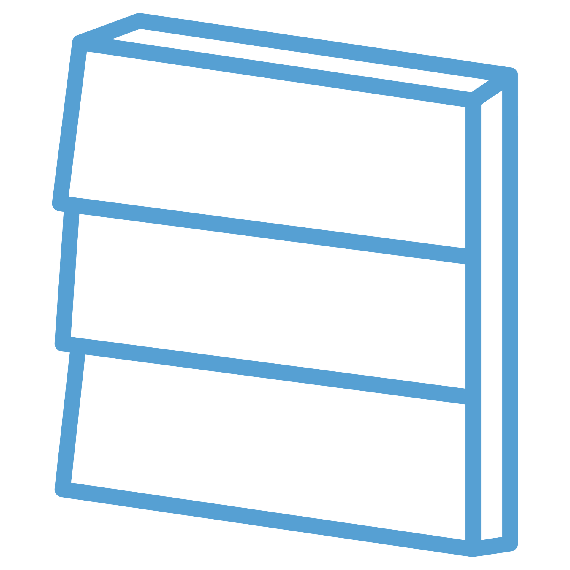 A blue line drawing of a book on a white background.
