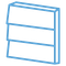 A blue line drawing of a book on a white background.