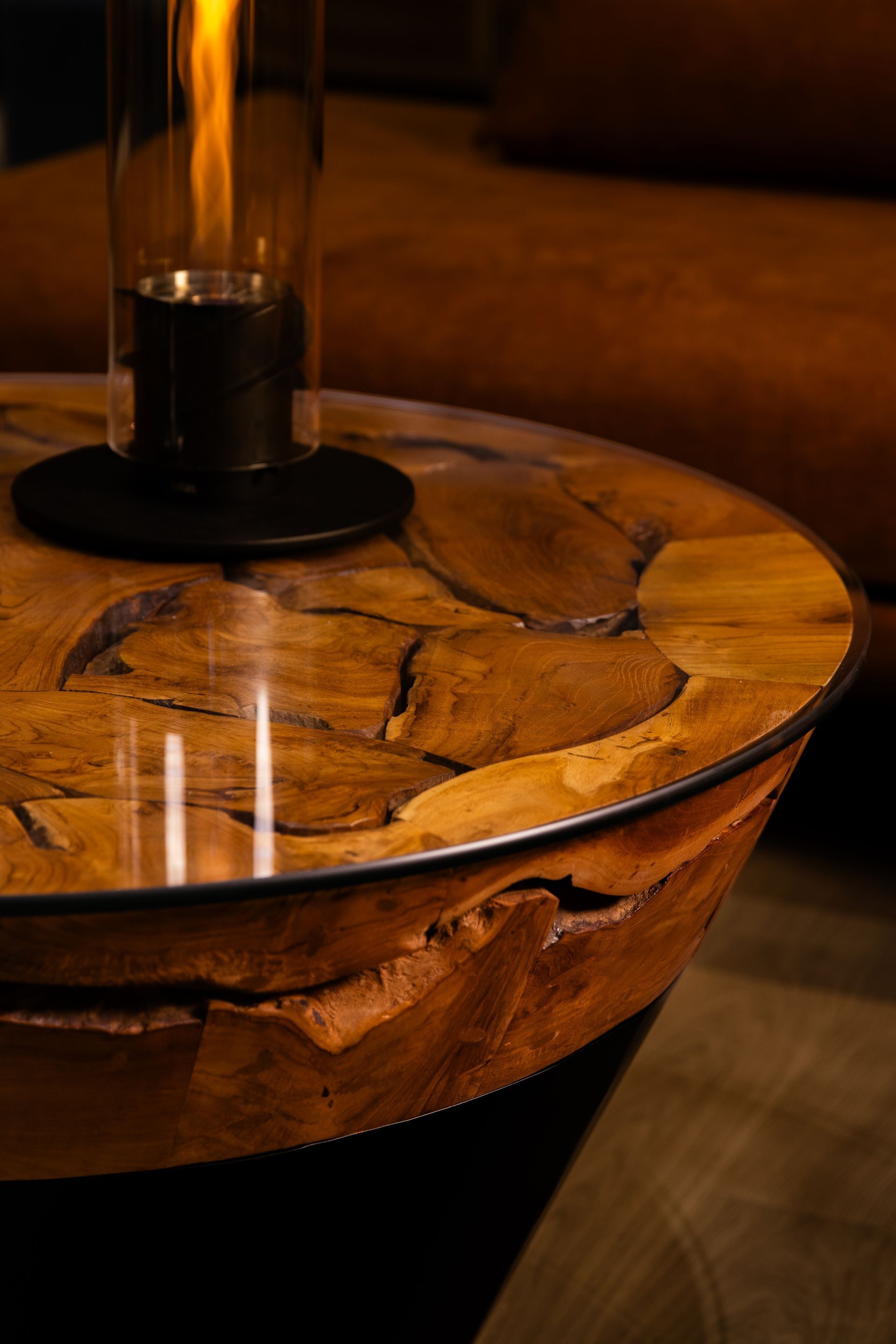 TABLE BASSE TECK ET METAL 90