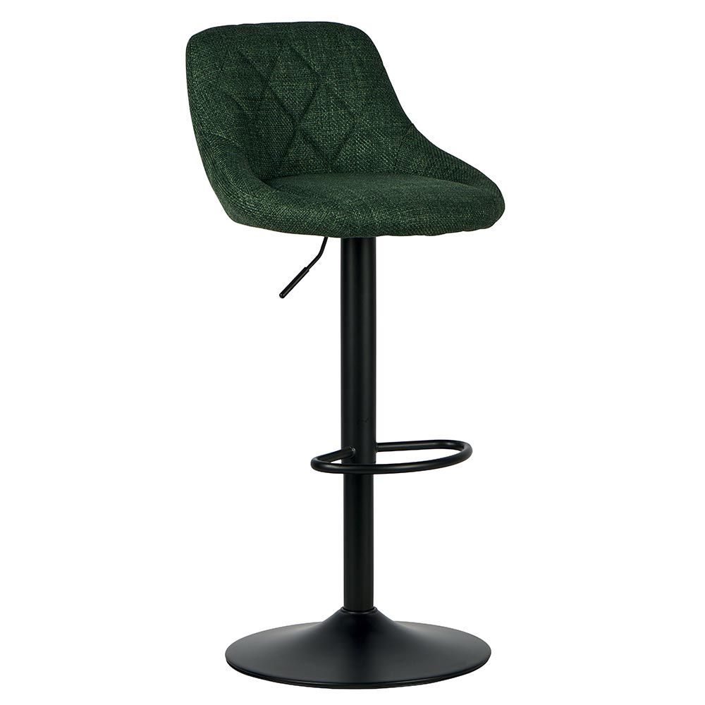 Tabouret de bar réglable, recouvert de tissu vert, avec base et repose-pieds noirs.