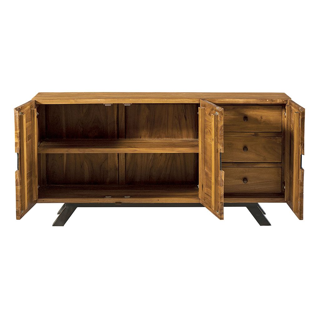 Buffet en bois à trois portes, à rayures noires, sur pieds en métal.