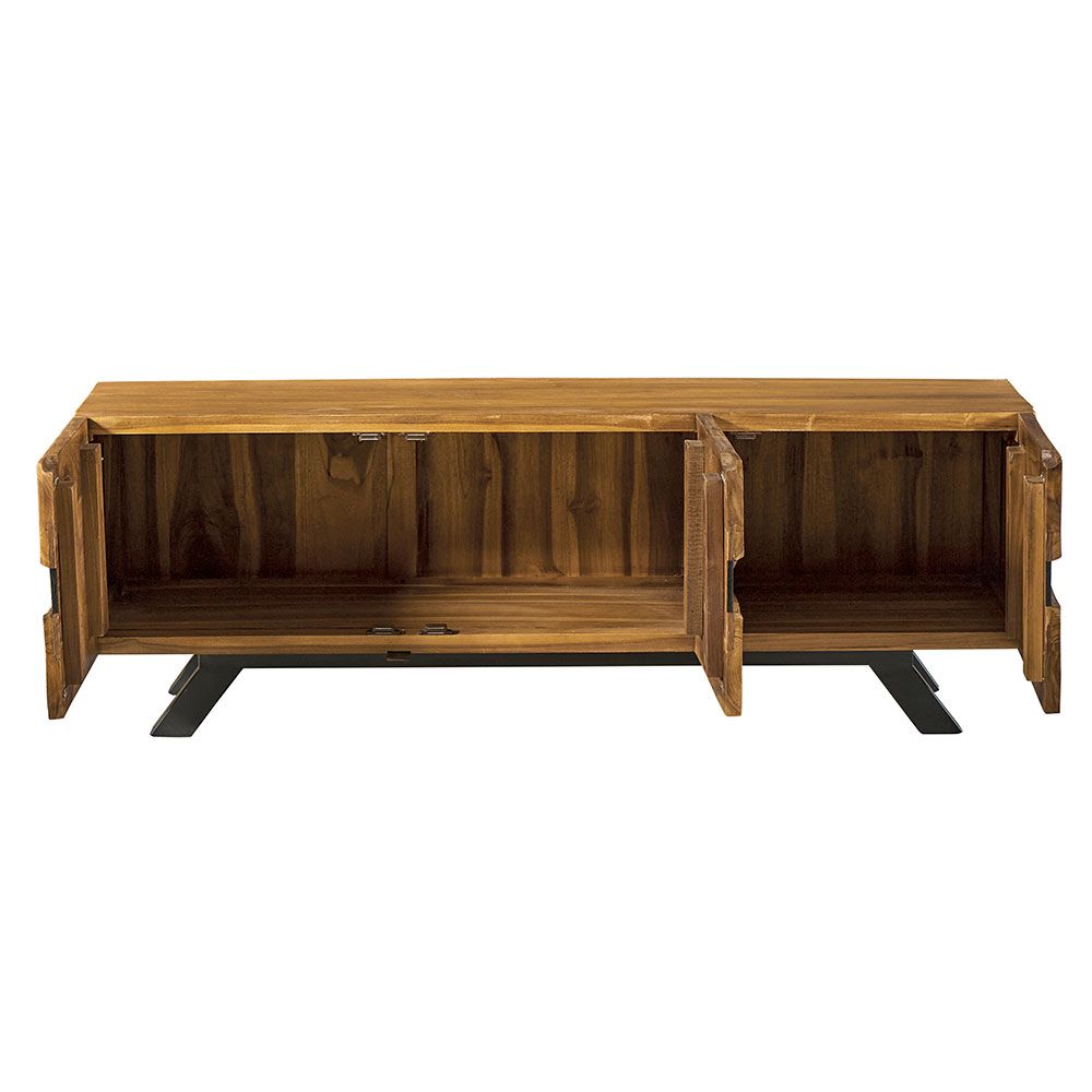 Meuble TV en bois avec trois tiroirs et détails noirs, sur pieds noirs.