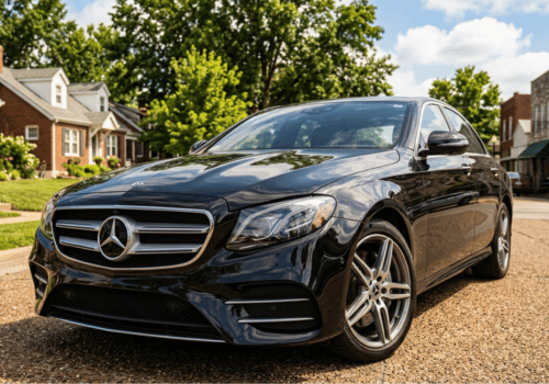 Black Mercedes-Benz E-Class sedan parked in a residential neighborhood, shown from the front driver's side with a clean exterior on a sunny day.